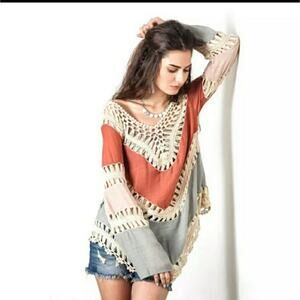 Crochet trim colorblock cover up top pink one size